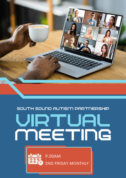 Graphic advertising SSAP monthly meeting. Picture of a laptop being used for a virtual meeting.